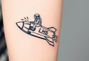 Busted Rocket ship with sparks coming out the back  with astronaut riding it. It has LHS written on it tattoo idea