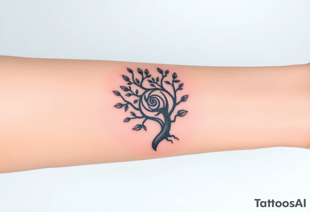 Fibonacci spiral shell inside of tree with little leaves tattoo idea