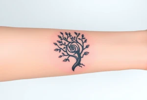 Fibonacci spiral shell inside of tree with little leaves tattoo idea