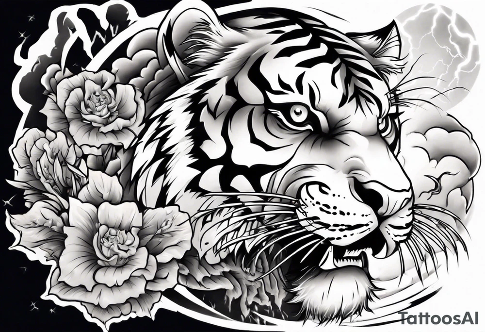 Tiger with lightning and the sun in the background for a sleeve tattoo tattoo idea
