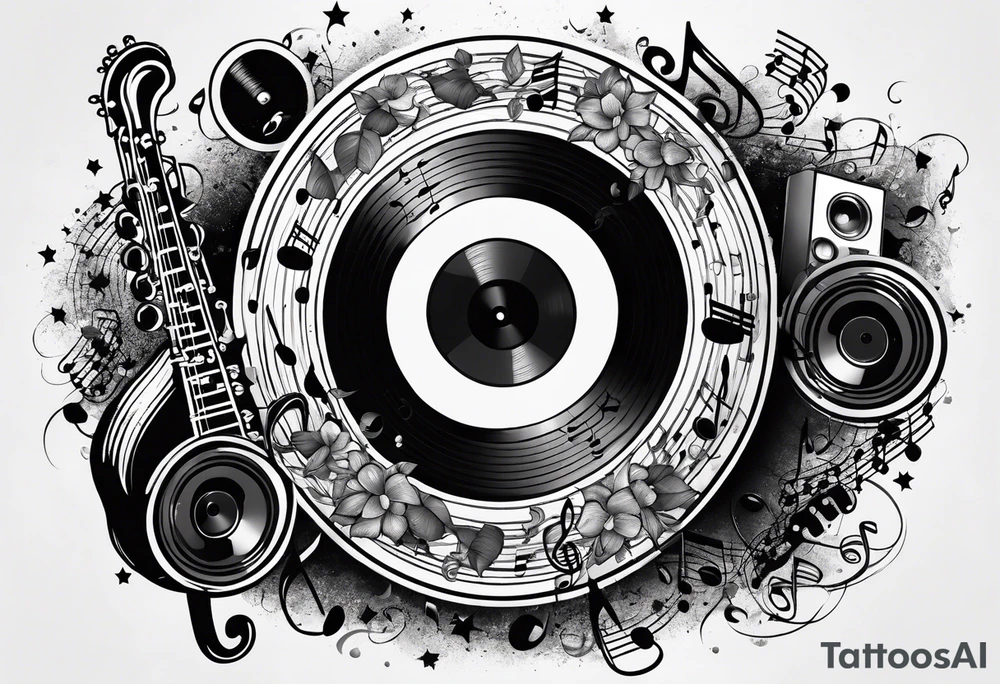 music notes surrounded by a record, a cassette tape, and saxophone parts tattoo idea