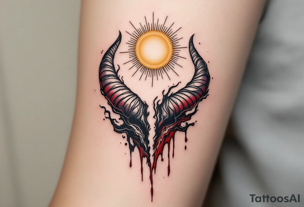 A golden, radiant halo floating above one side of the design, while the other side features a cracked demonic horn, dripping with dark crimson energy. The two elements are connected by swirling black and white smoke, blending good and evil into one form. tattoo idea