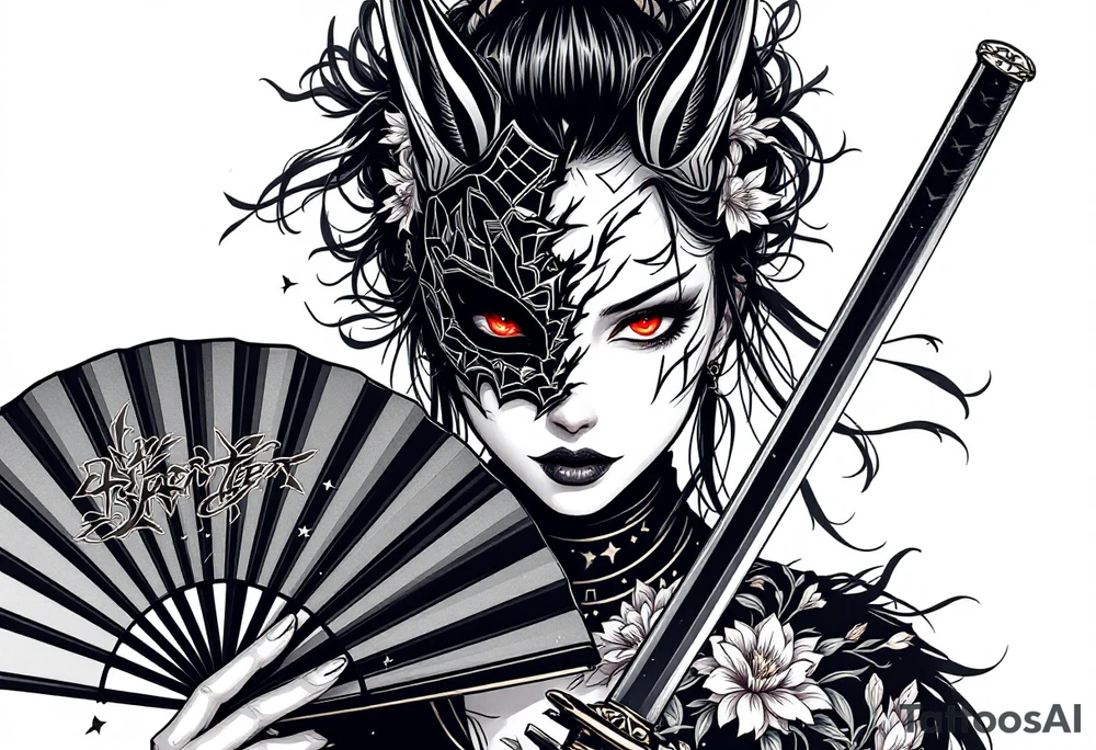 Woman samurai with red eyes wearing an half and broken kitsune mask, holding katana and japanese fan with Iris flowers tattoo idea