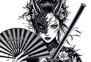 Woman samurai with red eyes wearing an half and broken kitsune mask, holding katana and japanese fan with Iris flowers tattoo idea