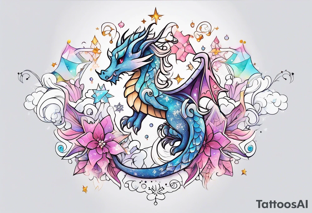 Constellation, kawaii dragon, snowflake tattoo idea