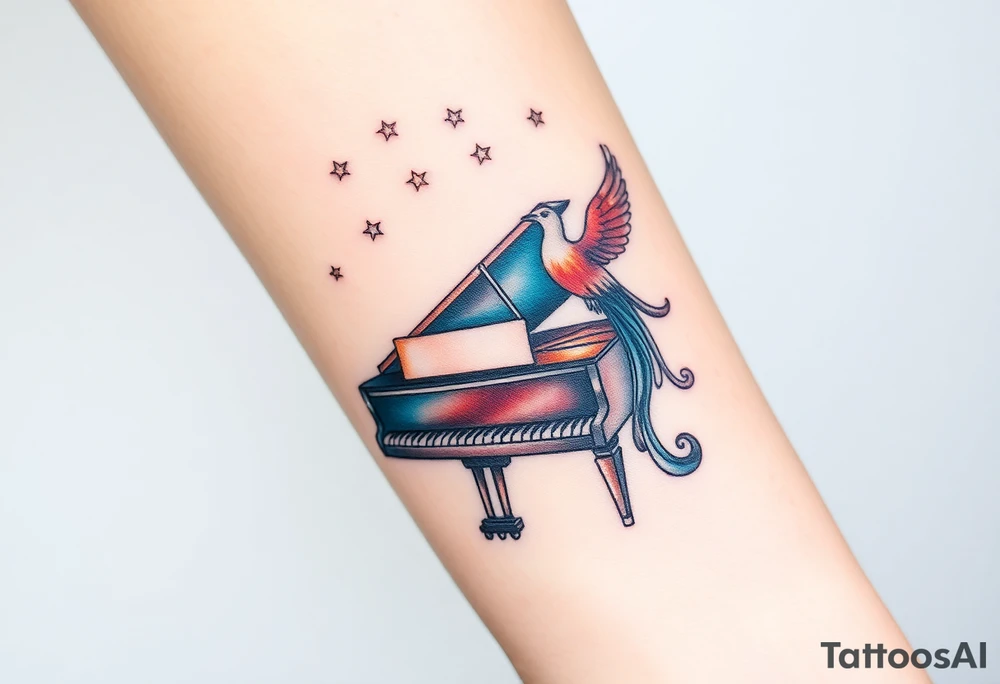 grand piano under stars and pheonix tattoo idea