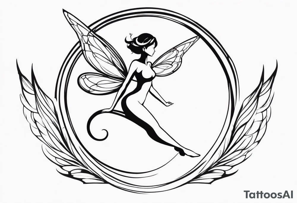 Minimalistic, monochromatic fairy with a tail flying to the left in a fetal position, leaning and looking in the same direction, with visible hands, embodying the 'Fairy Tail' logo aesthetic. tattoo idea