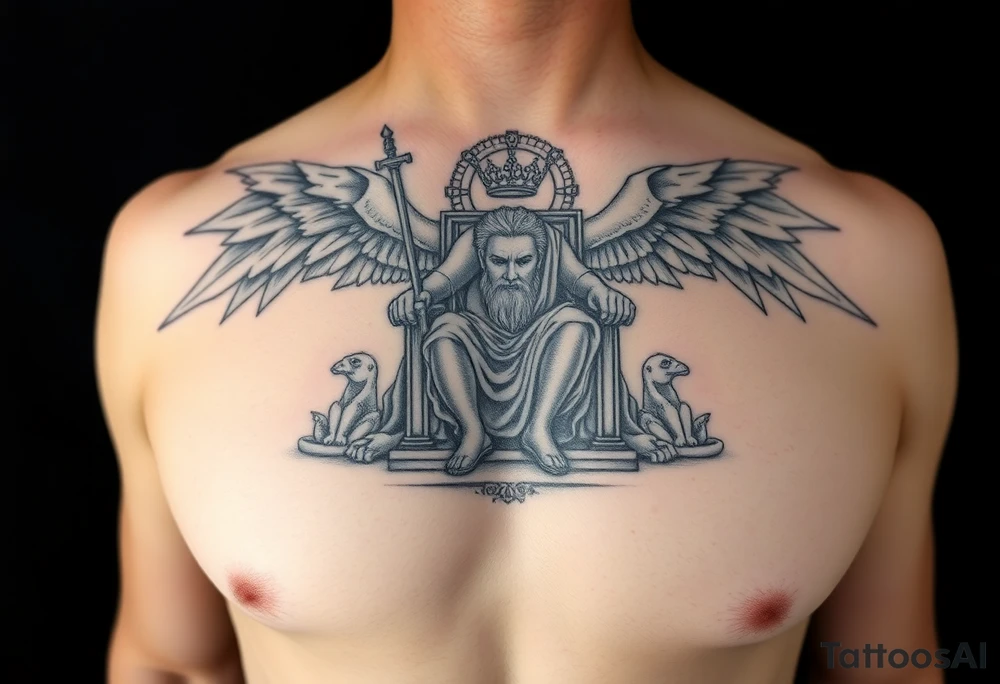 Realistic Full chest peice including the Greek gods with zues on his throne looking down carrying judgement on the people tattoo idea