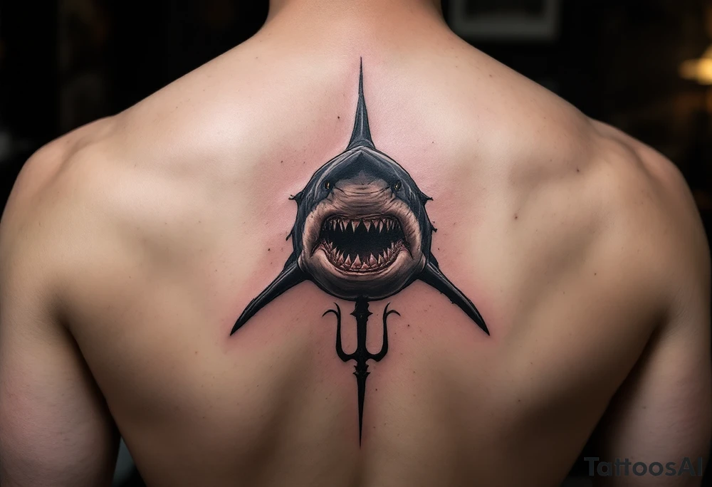 realistic shark with trident tattoo idea