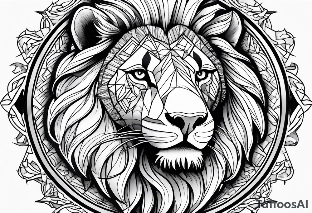 The Face of marcus aurelius with the lower left half missing. He is looking slightly away at 25 degrees. Geometric symbols framing the background. The background has small color splashes of red and purple. tattoo idea