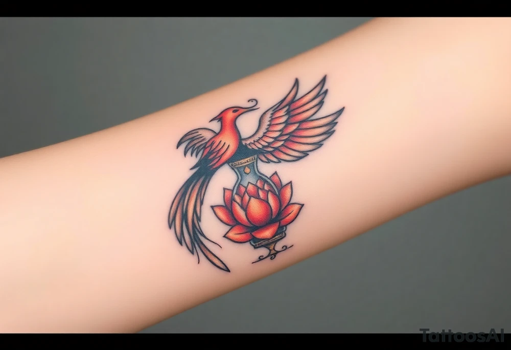 the phoenix and hour glass with lotus flower in kintsugi heart design tattoo idea