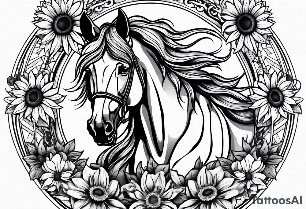 Horse, compass, sunflower tattoo idea