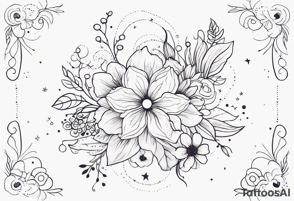 fine line floral with stars, swirls, dots tattoo idea
