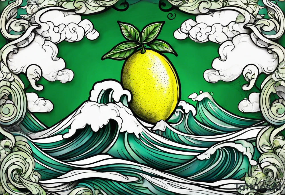 A lemon-Buoy with a green leaf-flag on waves tattoo idea