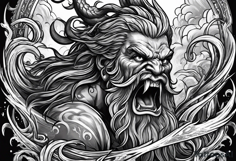 Kraken attacking Poseidon thrusting trident tattoo idea