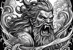 Kraken attacking Poseidon thrusting trident tattoo idea