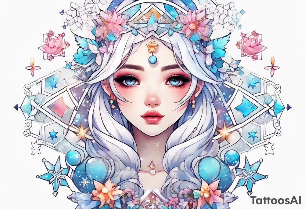 Constellation, kawaii girl , snowflake tattoo idea