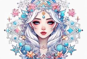 Constellation, kawaii girl , snowflake tattoo idea