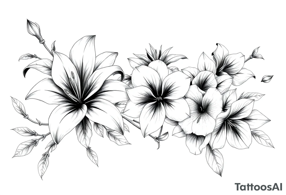 Calia Lily rose gadiolus carnation Narcissus flower sleeve on upper arm and shoulder tattoo idea