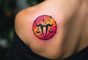 The Aries star constellation tattoo in black ink against an ombré background fading from orange to scarlet. tattoo idea