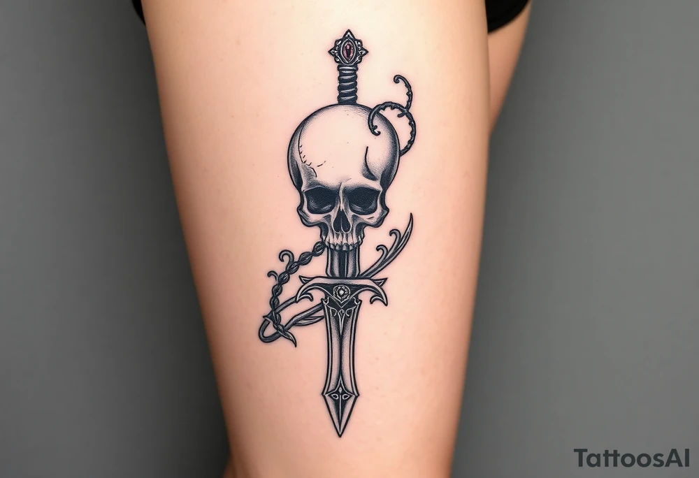 mystical skull coiled around an ancient dagger with jeweled hilt tattoo idea