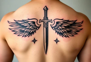 Wings wrapping around sword and diamond shaped stars tattoo idea