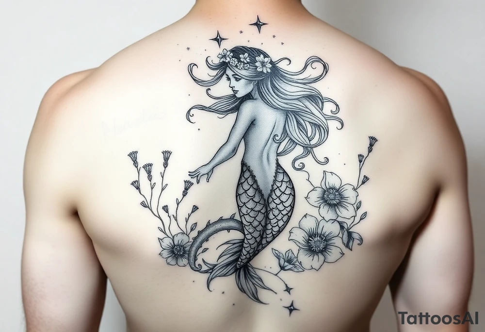 ethereal mermaid with flowing hair among coral and sea flowers tattoo idea