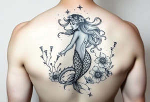 ethereal mermaid with flowing hair among coral and sea flowers tattoo idea
