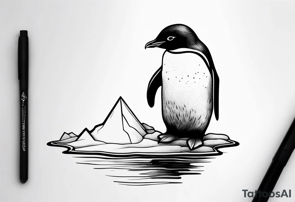 small penguin floating in ice, black and white, forearm placement tattoo idea