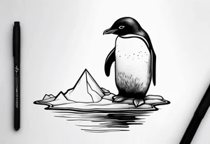 small penguin floating in ice, black and white, forearm placement tattoo idea