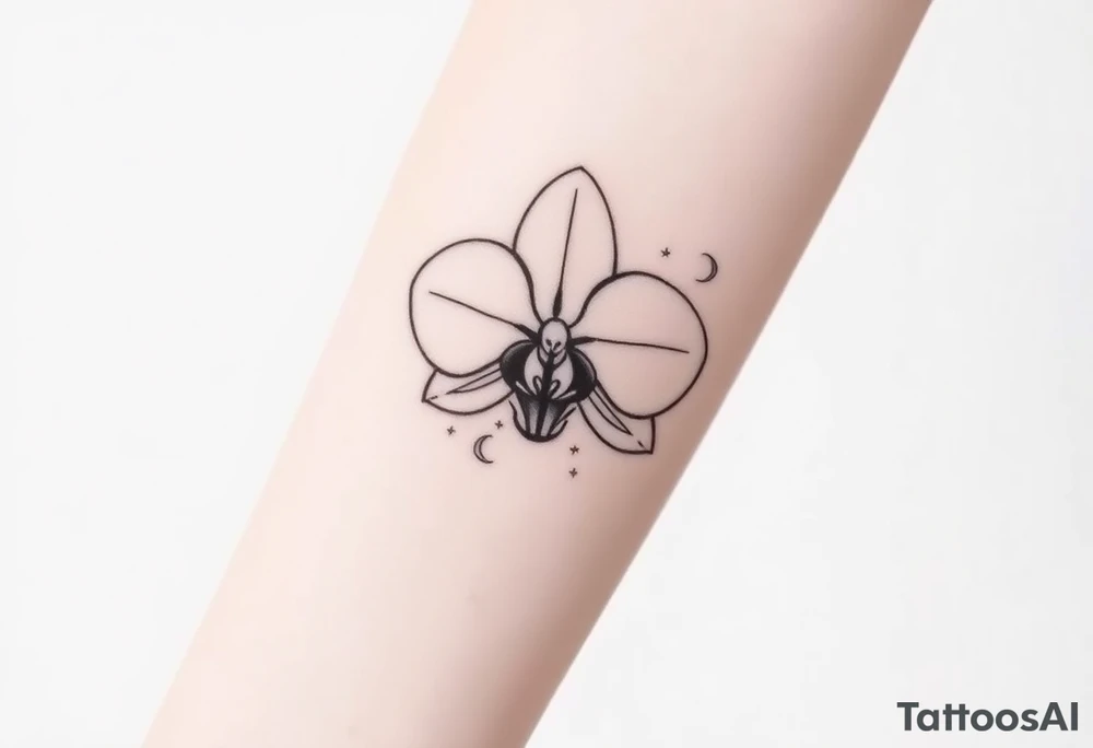 A silhouette of an orchid with tiny crescent moons and stars, symbolizing femininity and cosmic beauty tattoo idea