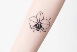 A silhouette of an orchid with tiny crescent moons and stars, symbolizing femininity and cosmic beauty tattoo idea
