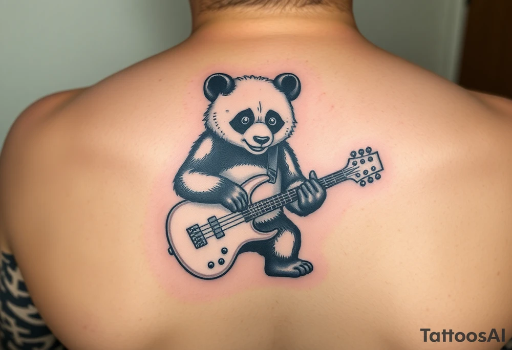 Wrestling panda holding a broken bass guitar and the word creeper tattoo idea