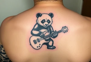 Wrestling panda holding a broken bass guitar and the word creeper tattoo idea