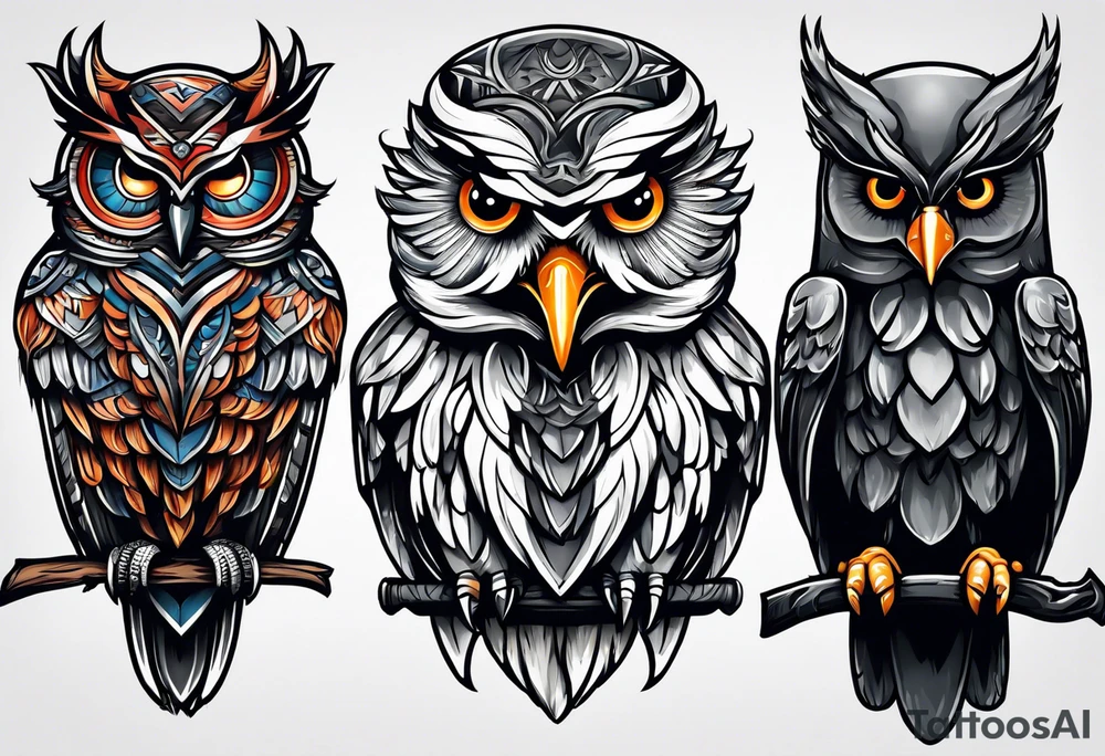 owl vs crow vs eagle vs elephant tattoo idea