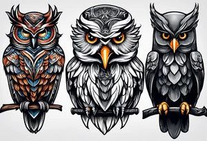 owl vs crow vs eagle vs elephant tattoo idea