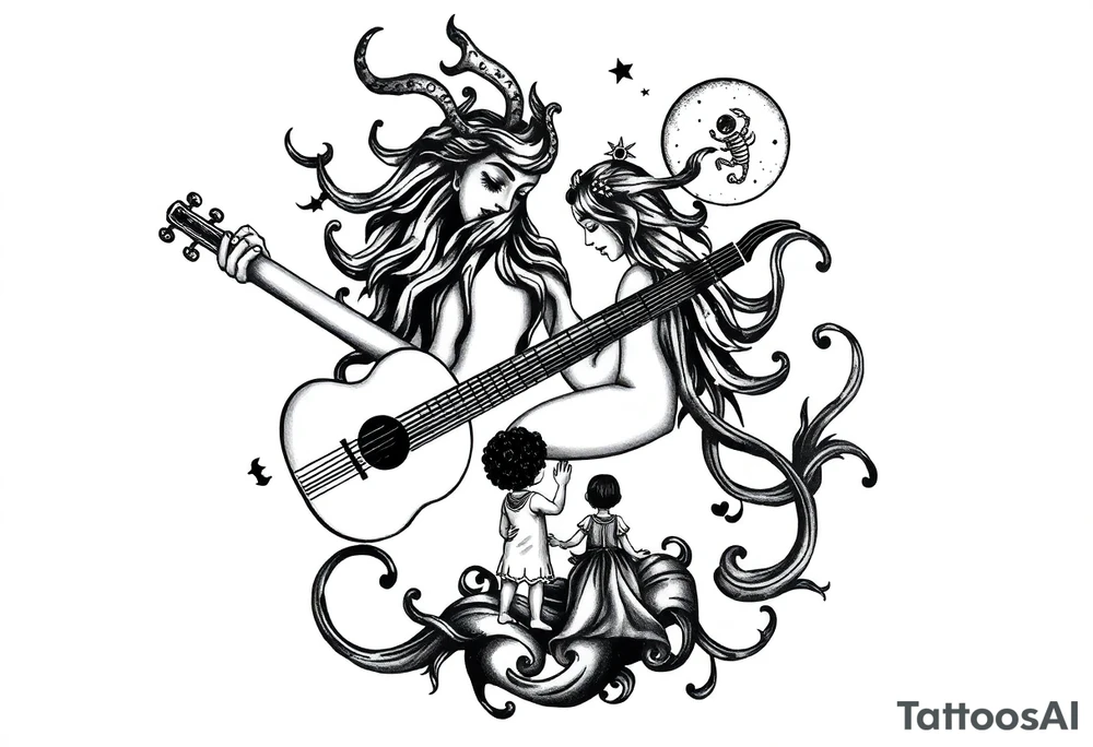 language of music with love for it 
Zodiac sign Aquarius with ascendant Taurus and Scorpio in the moon and a loving mother of two children tattoo idea