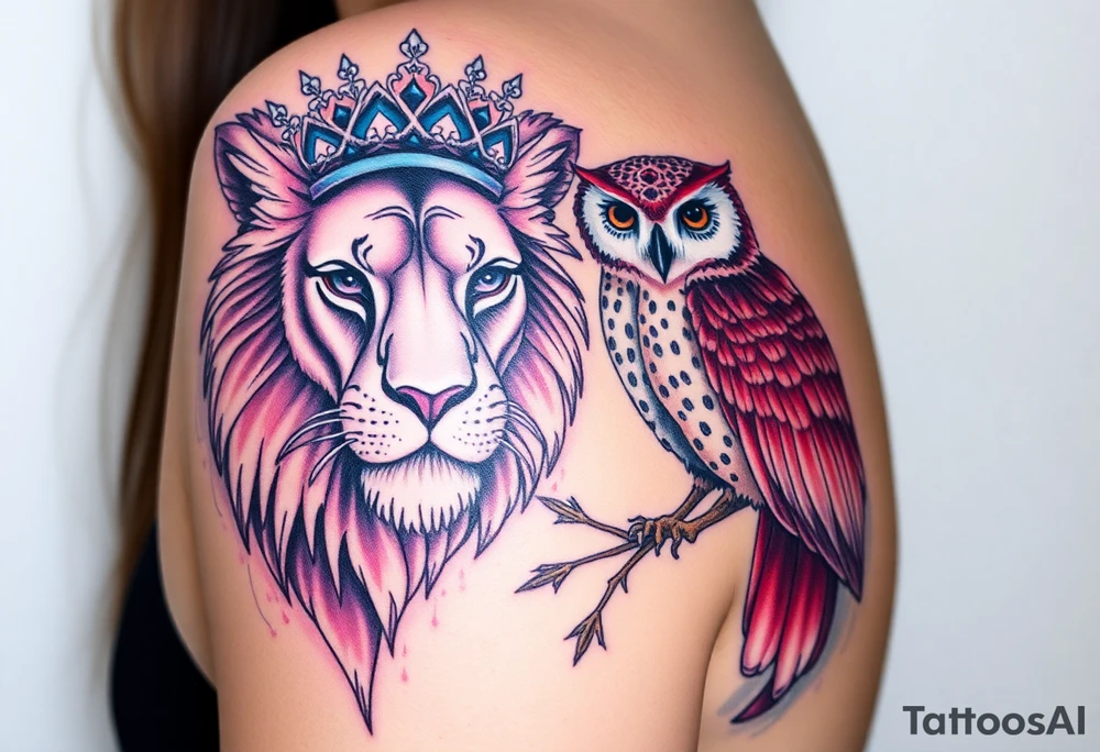 powerful majestic female lion with a tiara and male owl with love tattoo idea