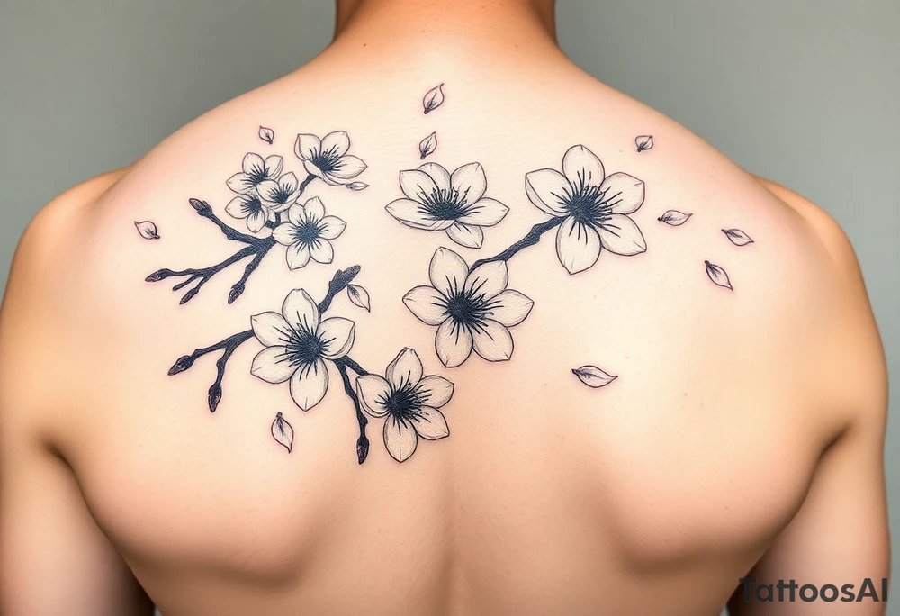 delicate cherry blossoms swirling in spring breeze with petals tattoo idea