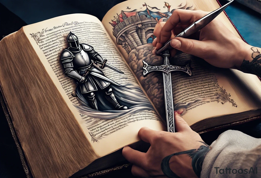 a knight pulling a sword out of an open bible tattoo idea