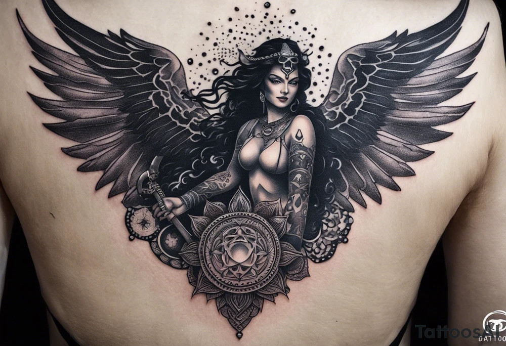 black kali, goddess pirate, alien, angel, pachamama, valkrye, warrior, flying, skull, lotus azul, wing, eagle, zenza resonance, stars, 5D, anahata chakra, death, durga, riding on a tiger, flying lady, chest tatoo tattoo idea