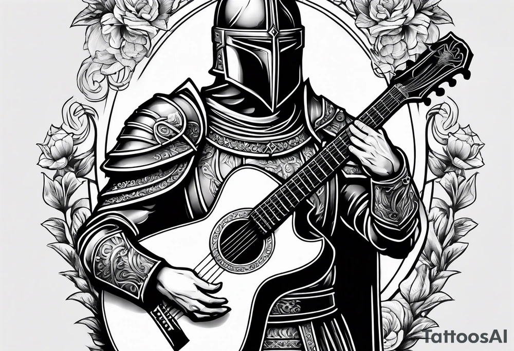 Armor of God knight holding sword and acoustic 
guitar tattoo idea