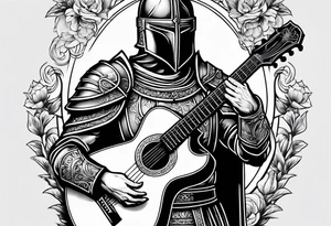 Armor of God knight holding sword and acoustic 
guitar tattoo idea