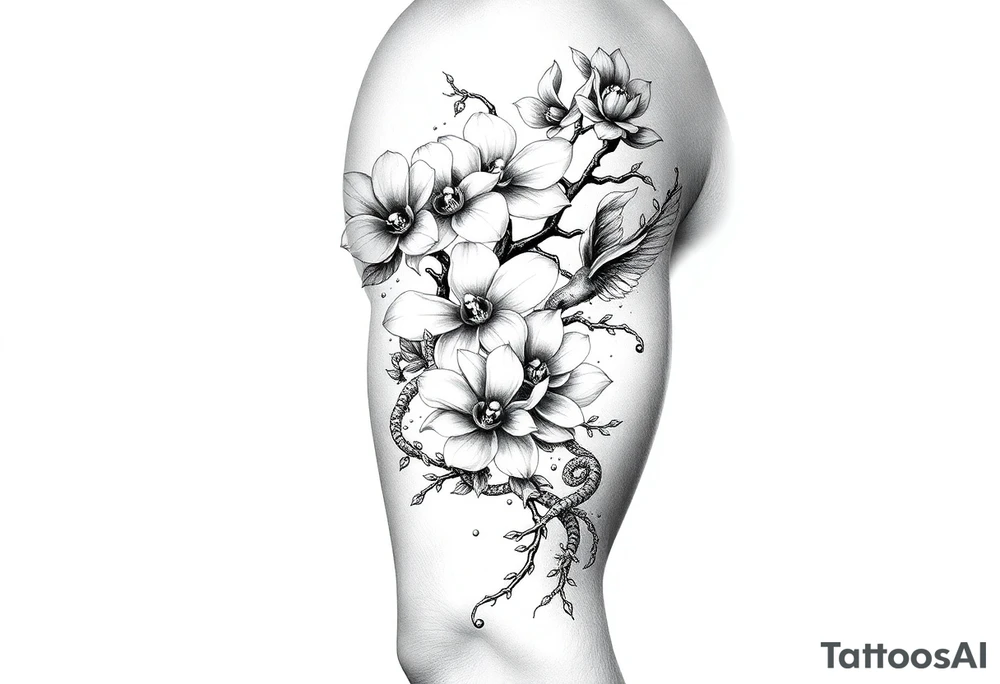 Orchid or cherry blossom tree and lotus and snake and angels on a woman tattoo idea
