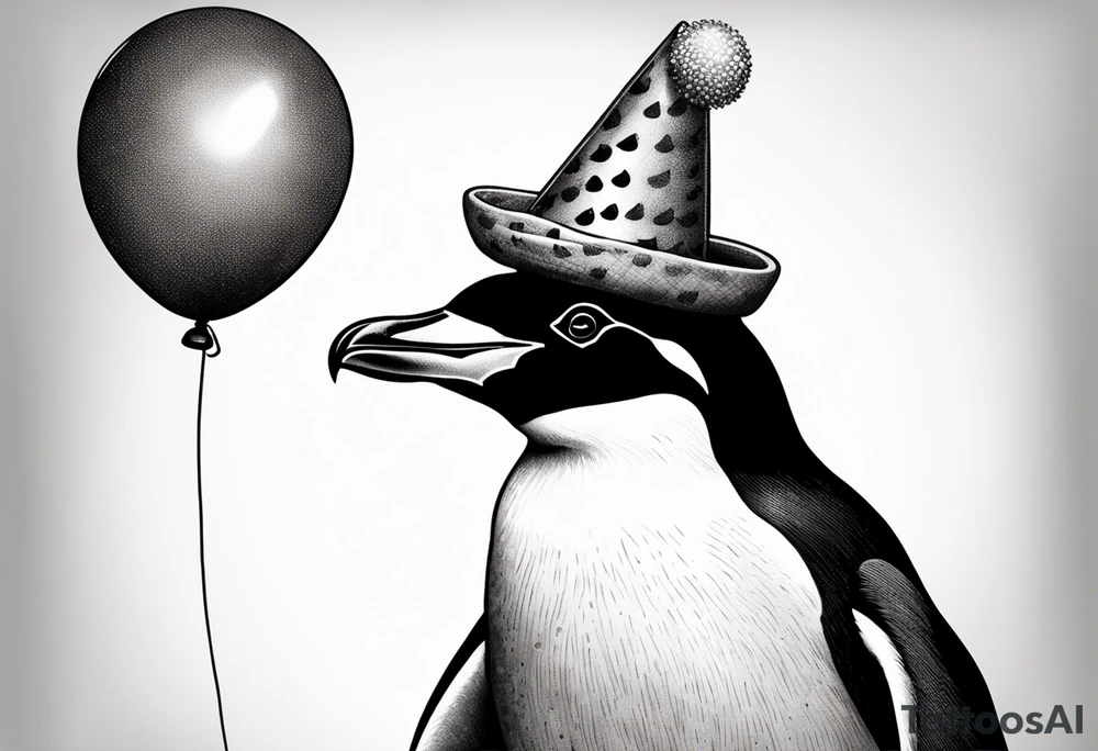 Realistic Penguin with a party hat and holding a ballon crosshatch style tattoo idea