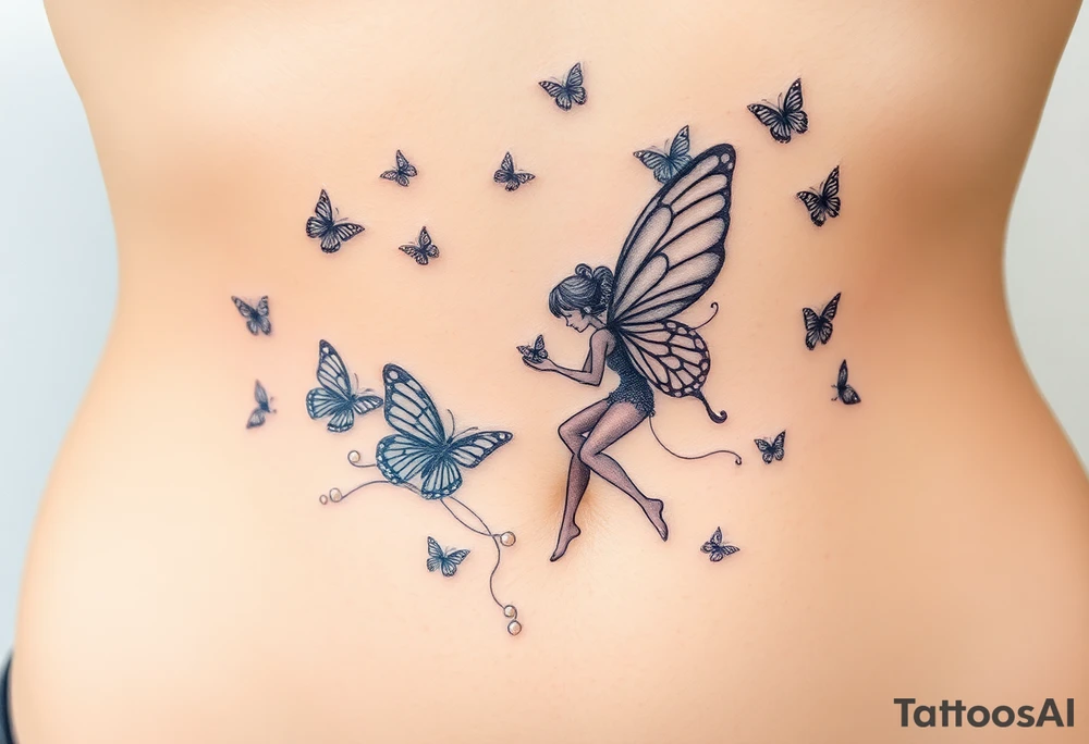 Small butterflies with sparkles falling as they surround a beautiful fairy with a young fairy staying close to to the other fairy with the butterflies looking to play tattoo idea