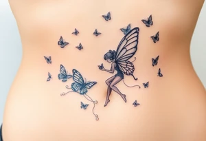 Small butterflies with sparkles falling as they surround a beautiful fairy with a young fairy staying close to to the other fairy with the butterflies looking to play tattoo idea