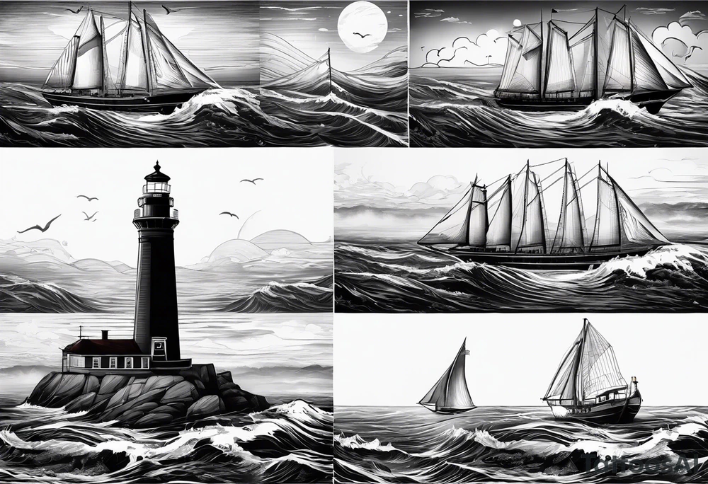 phare maritime dans un bateau entouré de voiles. tattoo idea