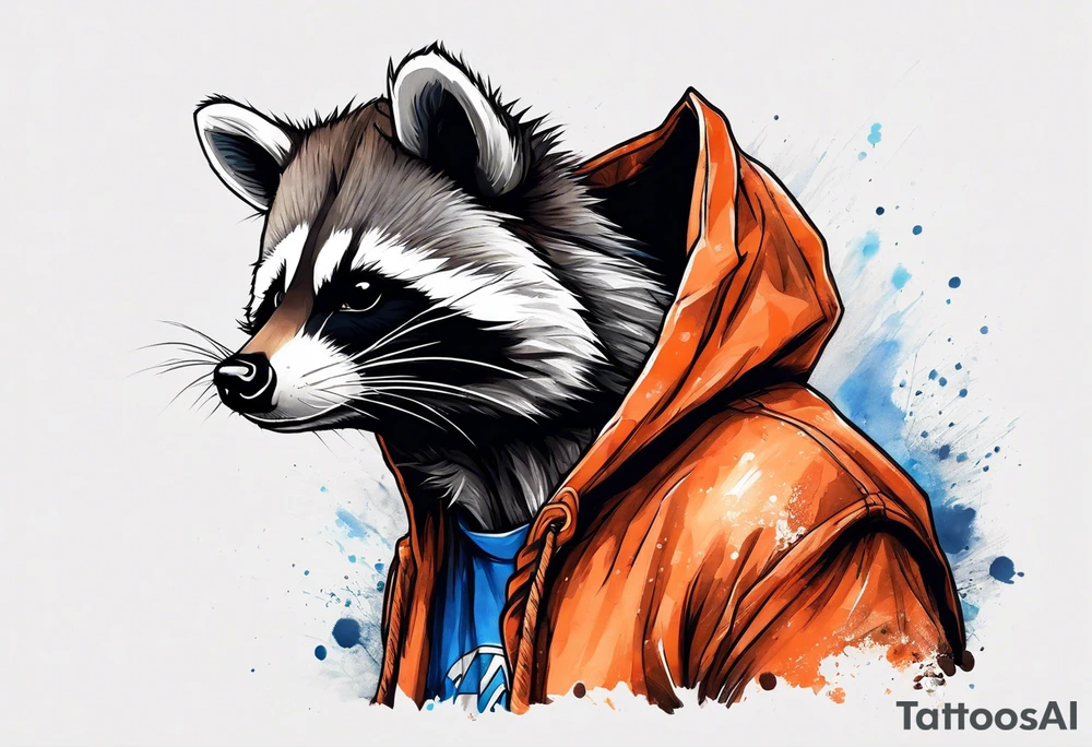 Raccoon wearing an orange Superman hoodie tattoo idea