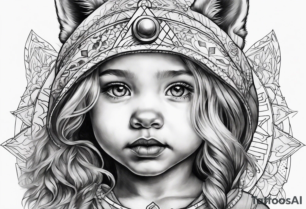 Toddler girl with wolf face and compass tattoo idea